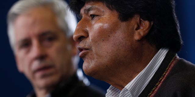 Bolivia's President Evo Morales speaks during a press conference at the military airport in El Alto, Bolivia, Saturday, Nov. 9, 2019. (AP Photo/Juan Karita)