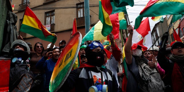 Anti-government protesters against the reelection of President Evo Morales gather just meters away from the presidential palace in La Paz, Bolivia, Saturday, Nov. 9, 2019. (AP Photo/Juan Karita)