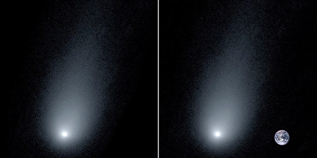 Left: A new image of the interstellar comet 2l/Borisov. Right: A composite image of the comet with a photo of the Earth to show scale. (Pieter van Dokkum, Cheng-Han Hsieh, Shany Danieli, Gregory Laughlin)