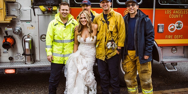Weeks later, the LACFD reportedly received an image of the beaming bride, four firefighters and the lucky truck that transported the woman to the altar in high style.