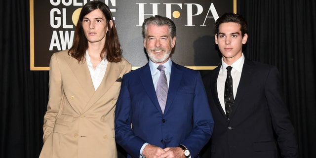 Dylan Brosnan, from left, Pierce Brosnan, and Paris Brosnan attend the Hollywood Foreign Press Association and The Hollywood Reporter celebration of the 2020 award season and Golden Globe Ambassador reveal at Catch LA on Thursday, Nov. 14, 2019, in West Hollywood, Calif.