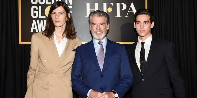 Dylan Brosnan, from left, Pierce Brosnan, and Paris Brosnan attend the Hollywood Foreign Press Association and The Hollywood Reporter celebration of the 2020 award season and Golden Globe Ambassador reveal at Catch LA on Thursday, Nov. 14, 2019, in West Hollywood, Calif.