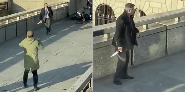 In these grabs taken from video made available by @HLOBlog, a bystander runs with a knife, after an incident on London Bridge,