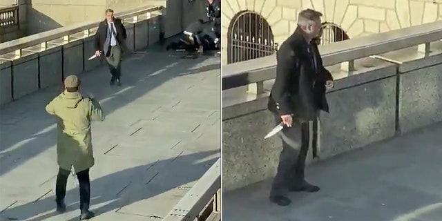 In these grabs taken from video made available by @HLOBlog, a bystander runs with a knife, after an incident on London Bridge,