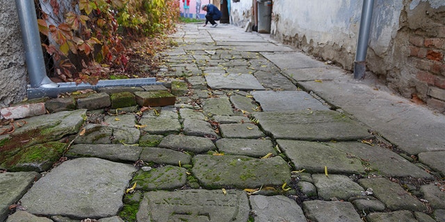 In this picture taken on Monday Oct. 26, 2015, Tomas Jelinek looks at pavement made of tombstones in efforts to restore a former Jewish cemetery in Prostejov, Czech Republic.