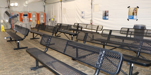A processing room at a Texas migrant detention facility sits empty.