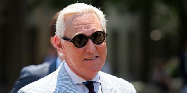 FILE - In this July 16, 2019, file photo, Roger Stone, a longtime confidant of President Donald Trump leaves federal court in Washington. Stone is going on trial on Nov. 5, over charges related to his alleged efforts to exploit the Russian-hacked Hillary Clinton emails for political gain. (AP Photo/Sait Serkan Gurbuz, File)