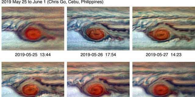 A (false color) series of images capturing the repeated flaking of red clouds from the GRS in the Spring of 2019. In the earliest image, the flaking is predominant on the east side of the giant red vortex. The flake then breaks off from the GRS, but a new flake starts to detach in the fifth image. (Credit: Chris Go)