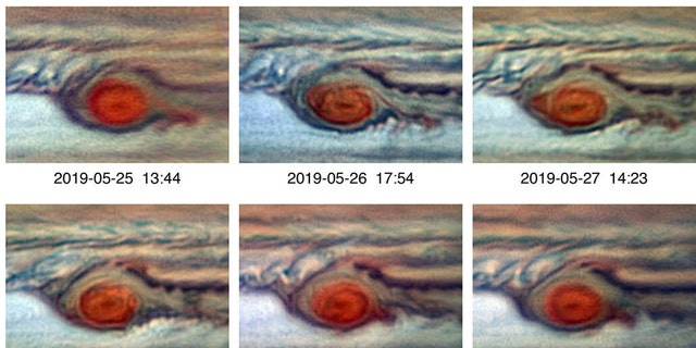 A (false color) series of images capturing the repeated flaking of red clouds from the GRS in the Spring of 2019. In the earliest image, the flaking is predominant on the east side of the giant red vortex. The flake then breaks off from the GRS, but a new flake starts to detach in the fifth image. (Credit: Chris Go)