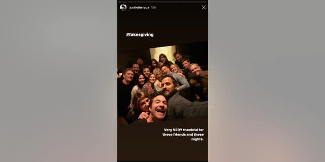 Justin Theroux celebrates Thanksgiving with Jennifer Aniston, Courteney Cox, Jason Bateman, Jimmy Kimmel, Will Arnett and other friends.