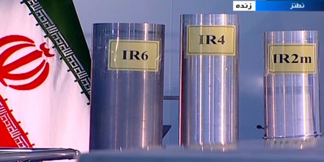 In this 2018 frame grab from Iranian state TV, three versions of domestically-built centrifuges are shown during a live program from Natanz, an Iranian uranium enrichment plant, in Iran. (AP/IRIB)