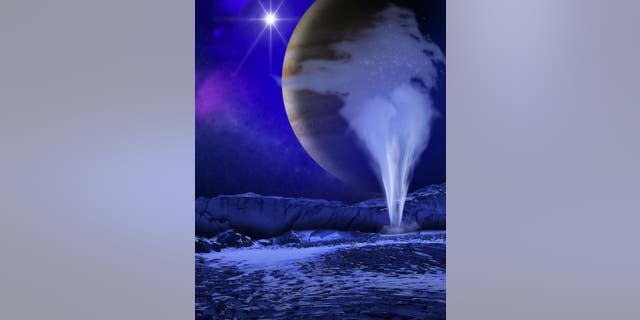An artist's illustration of a plume of water vapor emanating from Jupiter's moon Europa. (NASA/ESA/K. Retherford/SWRI)