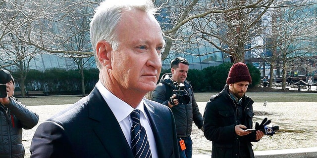 In this April 3, 2019 file photo, Toby MacFarlane departs federal court in Boston after facing charges in a nationwide college admissions bribery scandal. MacFarlane, who pleaded guilty in June faces was sentenced on Wednesday, Nov. 13. (AP Photos/Michael Dwyer, File)