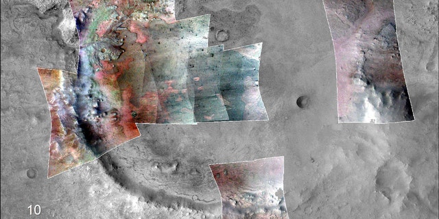 Color has been added to highlight minerals in this image of Jezero Crater on Mars, the landing site for NASA's Mars 2020 mission. The green color represents minerals called carbonates, which are especially good at preserving fossilized life on Earth. (Credit: NASA/JPL-Caltech/MSSS/JHU-APL/Purdue/USGS)