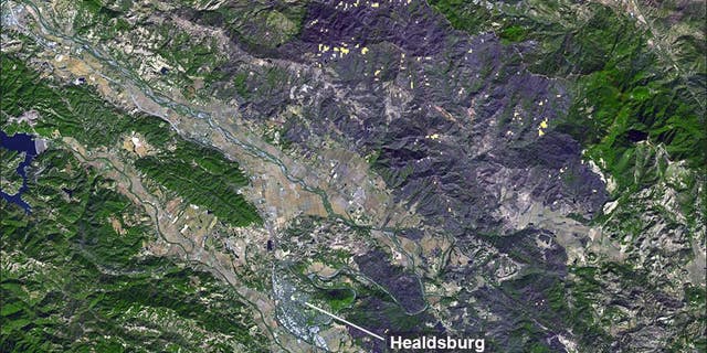 A large burn scar can be seen from space where the Kincade Fire has burned through Sonoma County, Calif. (NASA/JPL-Caltech)