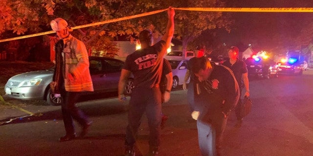 Police and other emergency responders at the shooting scene Sunday night in Fresno, Calif. (FOX 26 of Fresno)