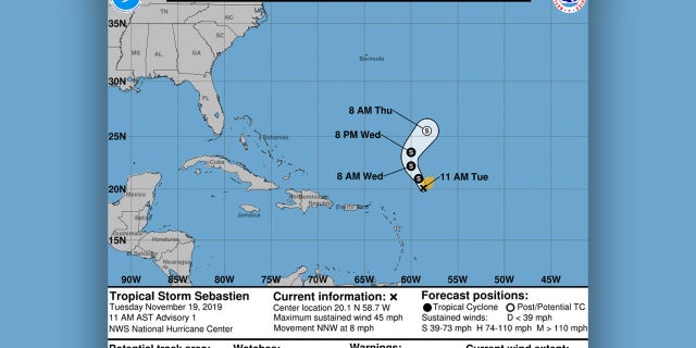 The forecast track of Tropical Storm Sebastien.