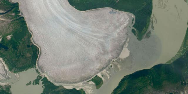 Fragmentation of ice and receding snow line reveals that Taku Glacier finally succumbs to climate change in this satellite image, clicked in August 2019.