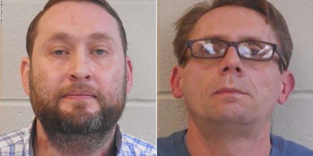 Mugshots for Bradley Rowland, 40, left, and Terry Bateman, 45, chemistry professors at Henderson State University in Arkansas.