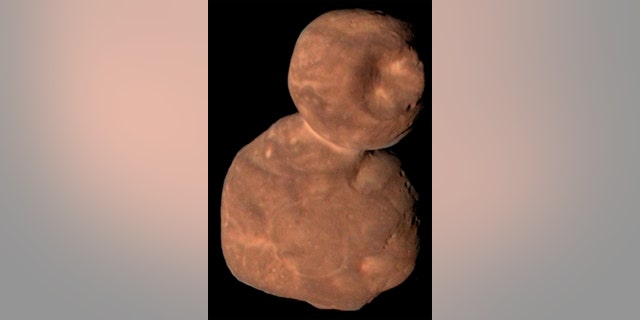 Composite image of primordial contact binary Kuiper Belt Object 2014 MU69 from New Horizons Spacecraft Data. (Credit: NASA)