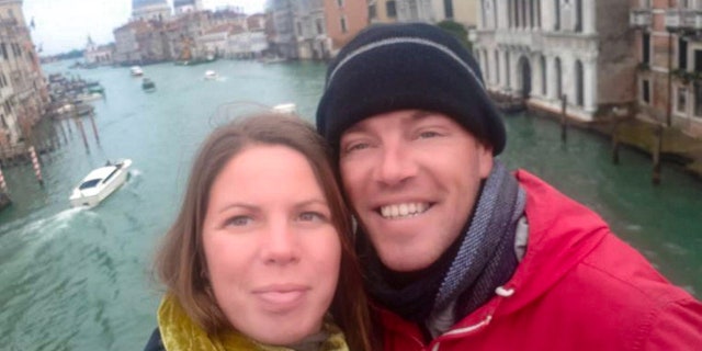 Elizabeth Dale and partner Richard Williams just after arriving in Venice.