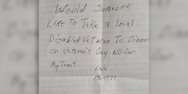 Flowers left a note at Judy and Heather’s Barbershop, asking if anyone would like to share a meal on Veterans Day.