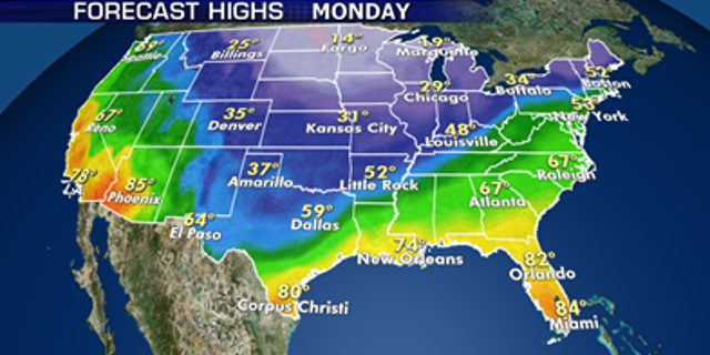 On Monday, high temperatures are scheduled to stay in the teens and 20s in the Midwest and Great Lakes