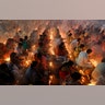 Hindu devotees sit together on the floor of a temple to observe Rakher Upabash, in Narayangonj, Bangladesh, Nov. 5, 2019.