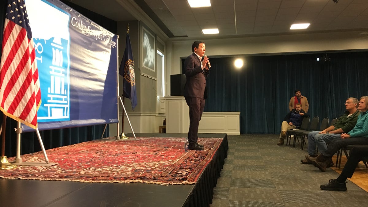 Democratic presidential candidate Andrew Yang holds a town hall at Colby Sawyer College in New London, NH, on Dec. 3, 2019