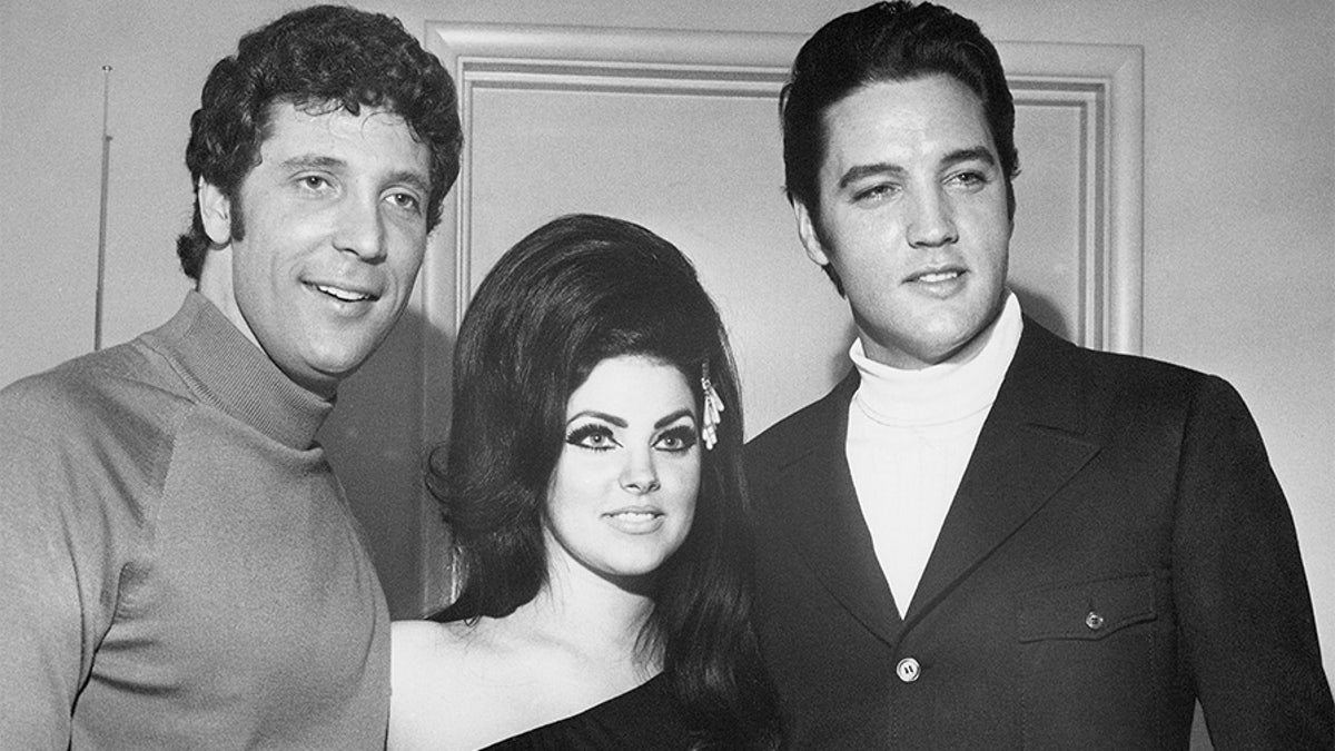 Left to right: Tom Jones, Priscilla Presley and her husband Elvis Presley in Las Vegas.
