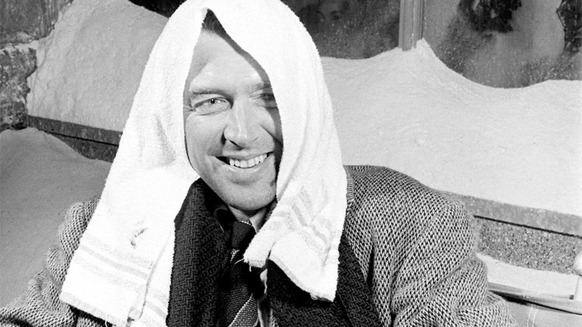 Actor Jimmy Stewart smiling during a break in filming on the set of the movie "It's A Wonderful Life."