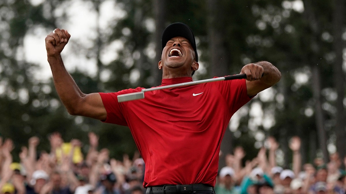 Tiger Woods reacts after winning the Masters golf tournament in Augusta, Ga. on April 14, 2019. (AP Photo/David J. Phillip)