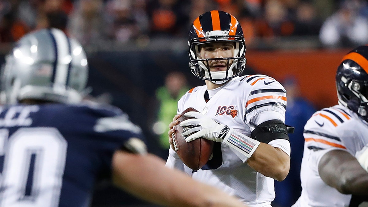 Chicago Bears quarterback Mitchell Trubisky (10) looks to throw during the first half of an NFL football game against the Dallas Cowboys, Thursday, Dec. 5, 2019, in Chicago. (Associated Press)