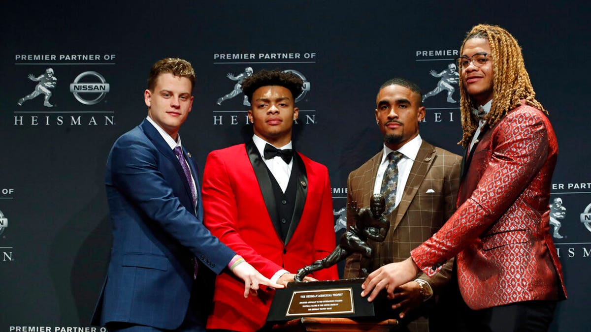 New York, NY - December 14, 2019: LSU Quarterback Joe Burrow addresses  media during pre-announcement press conference of 85th annual Heisman  Memorial Trophy at the Marriott Marquis Hotel Stock Photo - Alamy