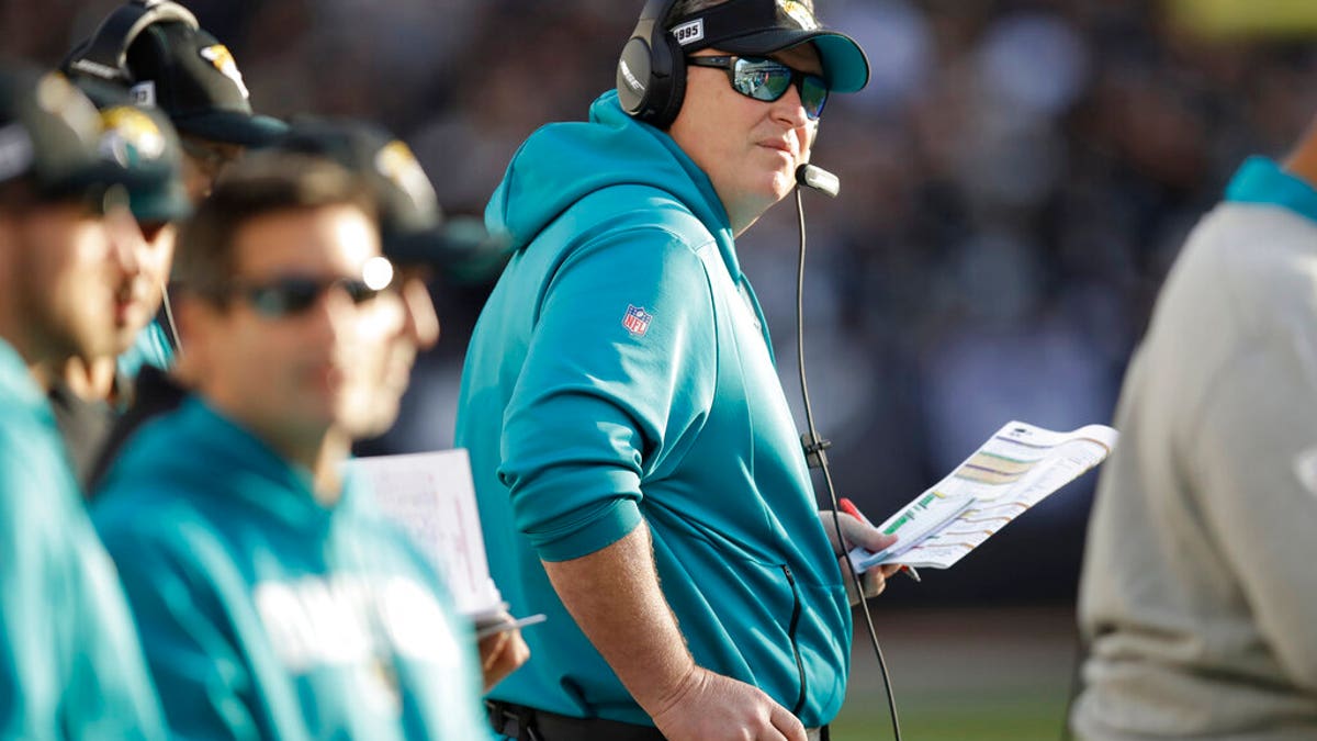 Jacksonville Jaguars head coach Doug Marrone stands on the sideline during the second half of an NFL football game against the Oakland Raiders in Oakland, Calif., Sunday, Dec. 15, 2019.