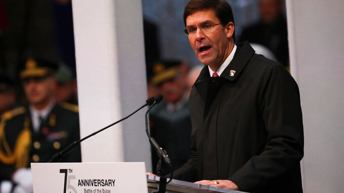 U.S. Secretary of Defence Mark Esper gives a speech during a ceremony to commemorate the 75th anniversary of the Battle of the Bulge at the Mardasson Memorial in Bastogne, Belgium