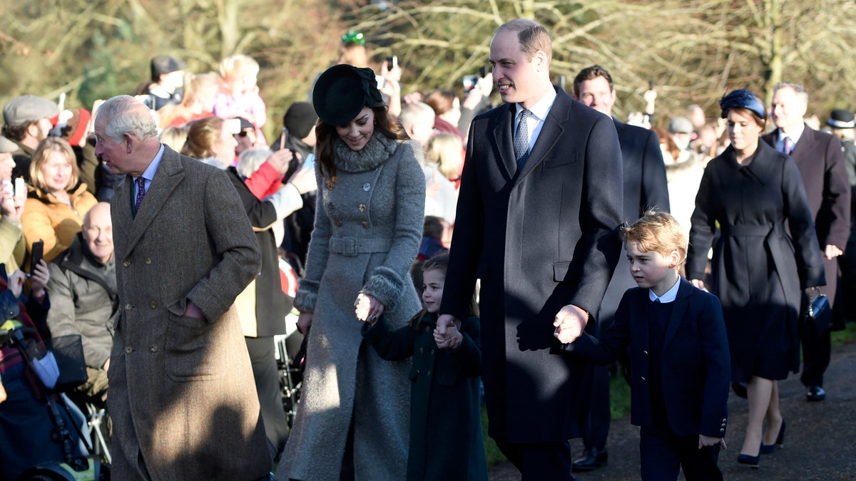 (L-R) Prince Charles, Kate, Duchess of Cambridge, Prince William and their children Prince George (R) and Princess Charlotte (center) arrive to attend the Christmas Day morning church service at St. Mary Magdalene Church in Sandringham, Norfolk, England, Wednesday, Dec. 25, 2019.