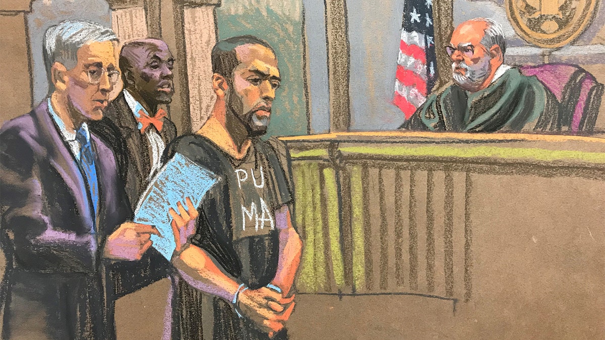 A sketch of Ahmed A-Hady appearing before a judge. 