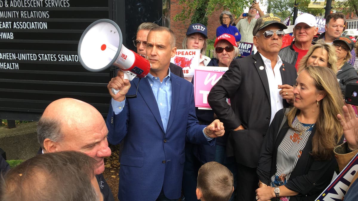 Corey Lewandowski speaks at a rally in support of then-President Trump in Manchester, New Hampshire, on Oct. 7, 2019.