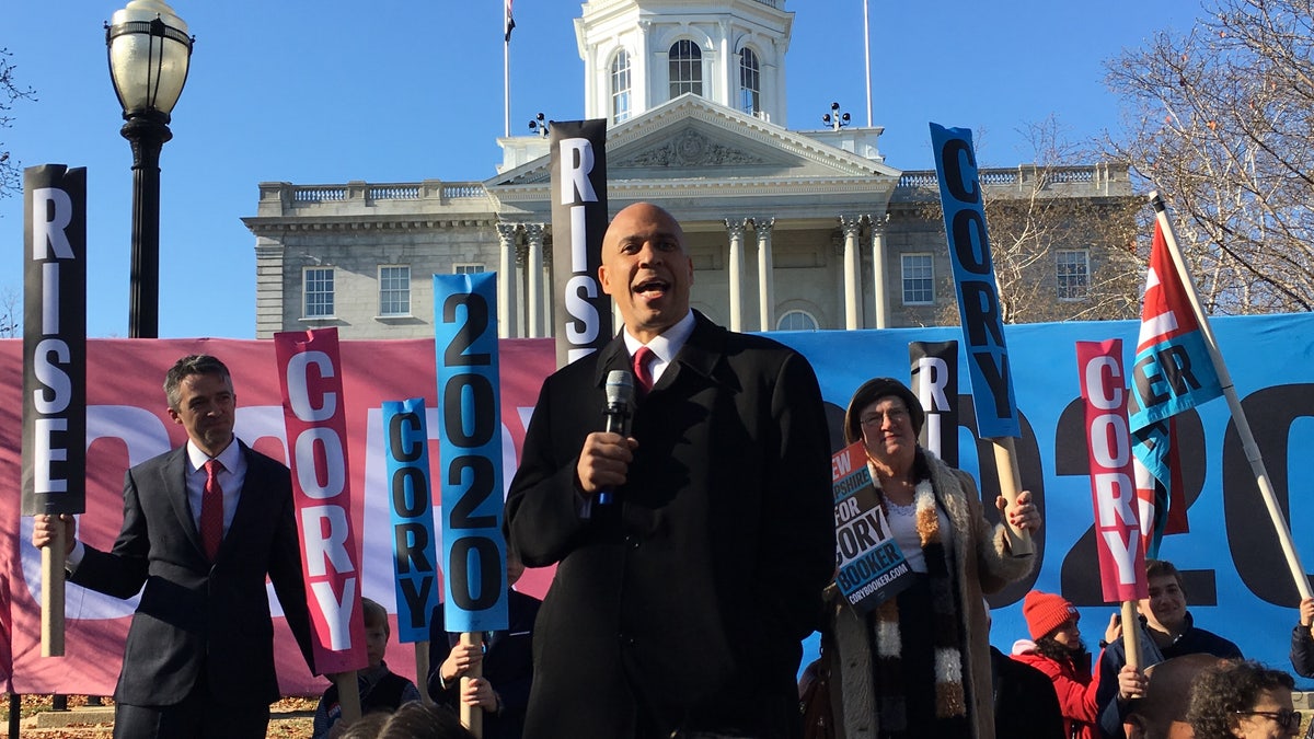 Democratic presidential candidate Sen. Cory Booker of New Jersey headlines a rally in Concord, N.H. after filing for the state's first-in-the-nation primary, on November 15, 2019
