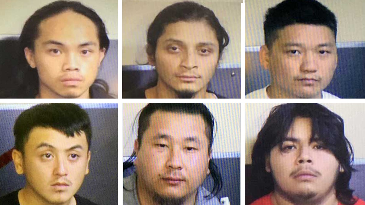 Left to right: Billy Xiong, Anthony Montes, Porge Kue, Johnny Xiong, Pao Vang, Jhovanny Delgao have been arrested in the shooting deaths of four men in November at a backyard gathering of family and friends in Fresno that they believed was a rival gang’s party, California police announced Tuesday. (Fresno Police Department)