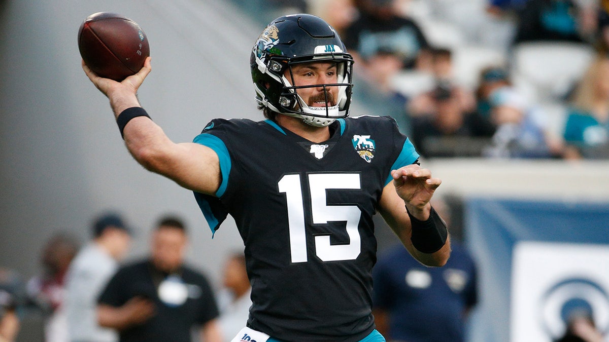 Jacksonville Jaguars quarterback Gardner Minshew II (15) throws a pass against the Indianapolis Colts during the first half of an NFL football game, Sunday, Dec. 29, 2019, in Jacksonville, Fla. (AP Photo/Stephen B. Morton)