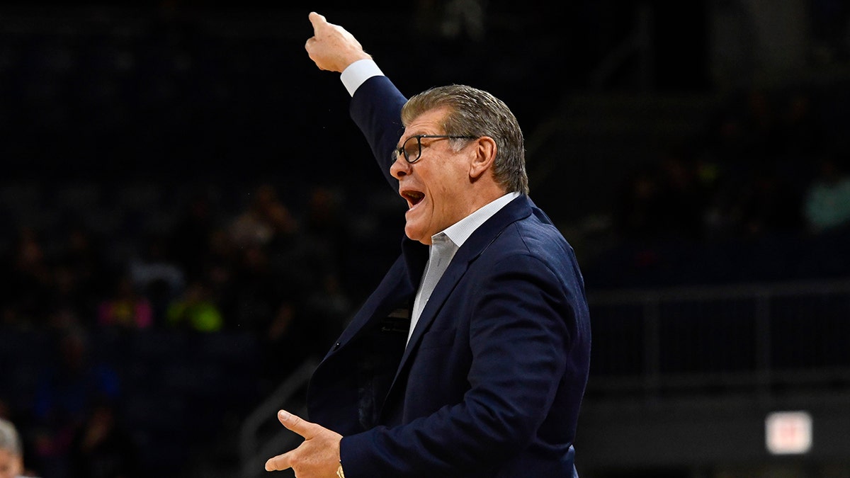 Connecticut head coach Geno Auriemma directs his team during the first half of an NCAA college basketball game against DePaul on Monday, Dec. 16, 2019. in Chicago, Ill. (AP Photo/Matt Marton)