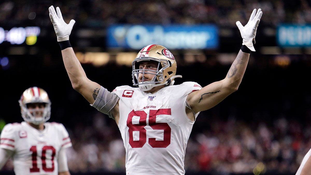 San Francisco 49ers tight end George Kittle (85) celebrates his touchdown in the second half an NFL football game against the New Orleans Saints in New Orleans, Sunday, Dec. 8, 2019. (AP Photo/Brett Duke)