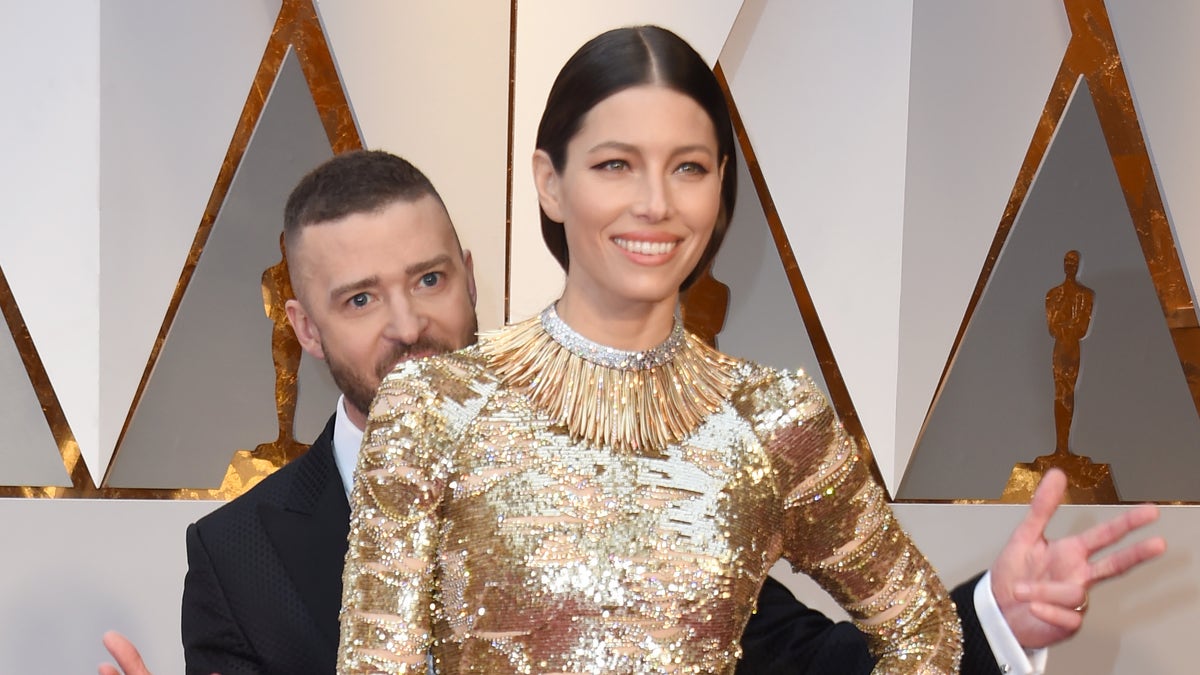Justin Timberlake and Jessica Biel arrive at the 2017 Oscars, where Timberlake's "Can't Stop the Feeling" was nominated for Best Original Song. (VALERIE MACON/AFP via Getty Images)