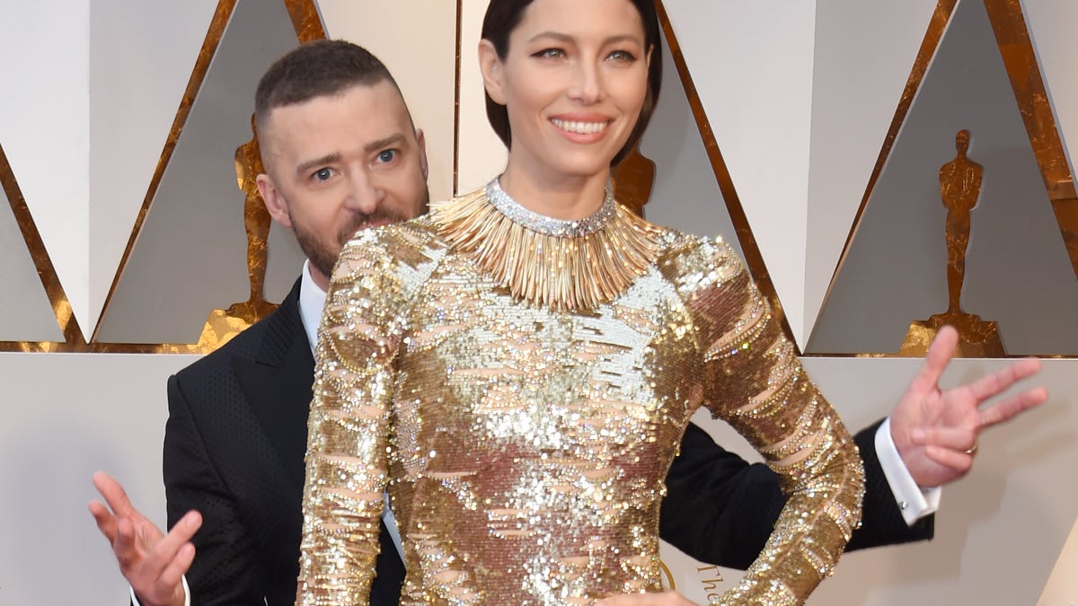 Justin Timberlake and Jessica Biel arrive at the 2017 Oscars, where Timberlake's "Can't Stop the Feeling" was nominated for Best Original Song. (VALERIE MACON/AFP via Getty Images)