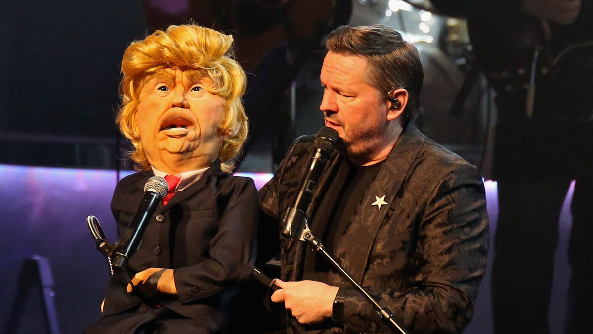 Comic ventriloquist and impressionist Terry Fator performs with his President Donald Trump puppet during his show at The Mirage Hotel & Casino on March 12, 2018 in Las Vegas, Nevada.