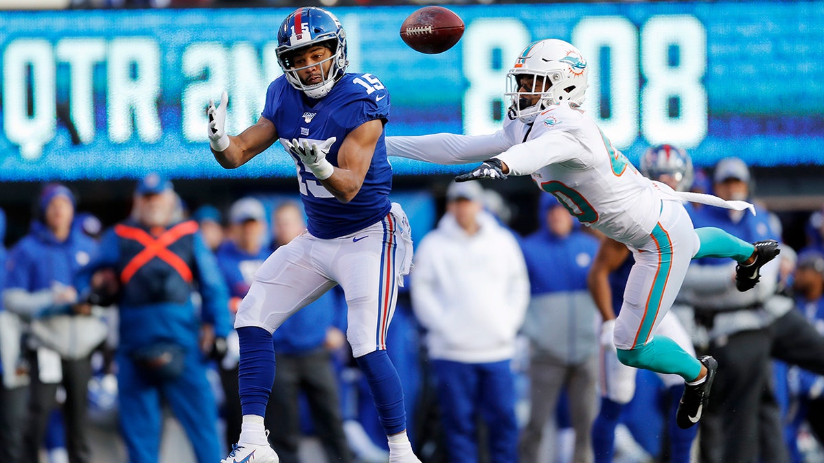 New York Giants wide receiver Golden Tate (15) making a catch on his way to score a touchdown in front of Miami Dolphins defensive back Nik Needham (40) on Sunday. (AP Photo/Adam Hunger)