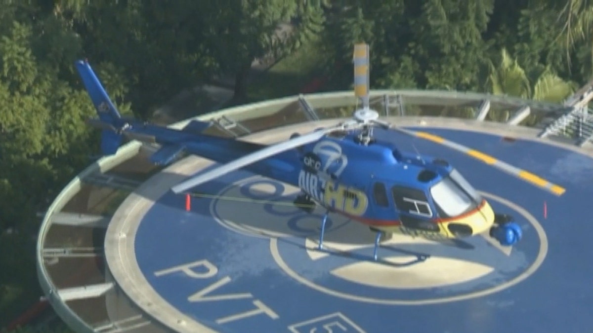 KABC's news chopper AIr7HD can be seen after it landed after collided with a drone on Wednesday.