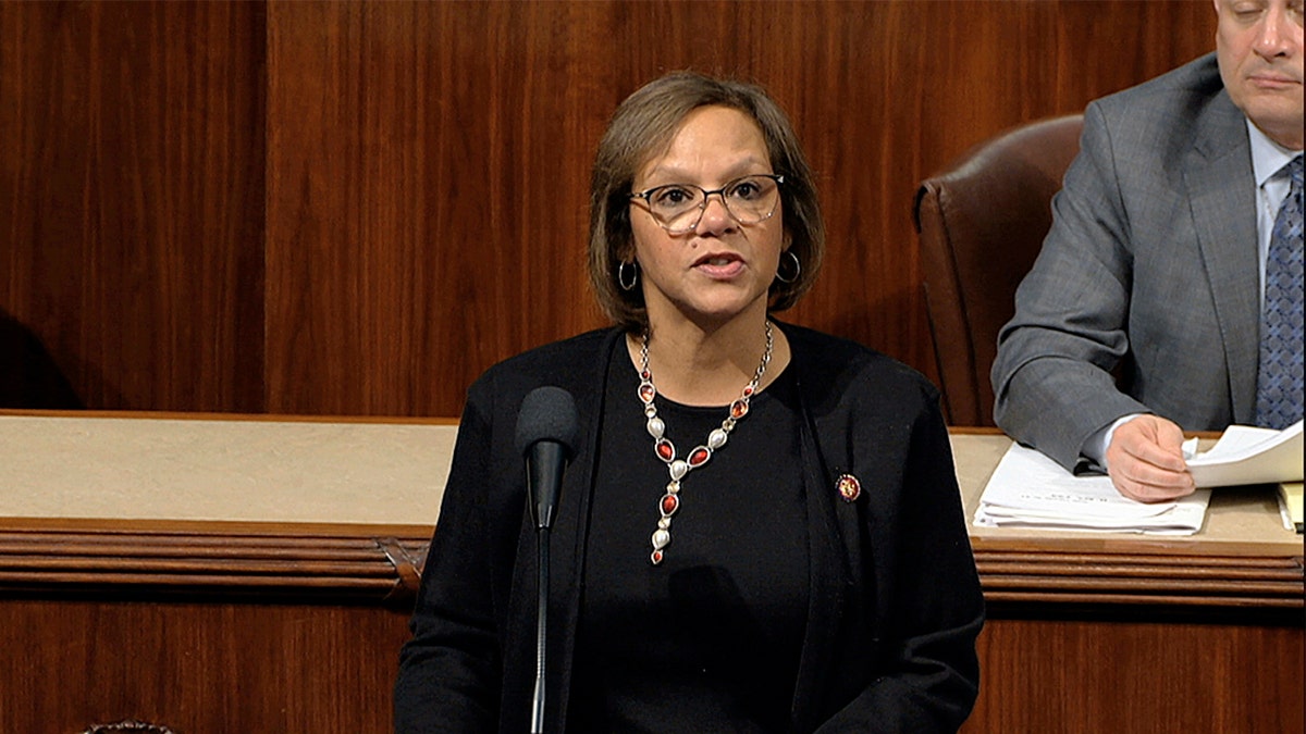 Rep. Robin Kelly, D-Ill., speaks as the House of Representatives debates the articles of impeachment against President Donald Trump at the Capitol in Washington, Wednesday, Dec. 18, 2019. (House Television via AP)